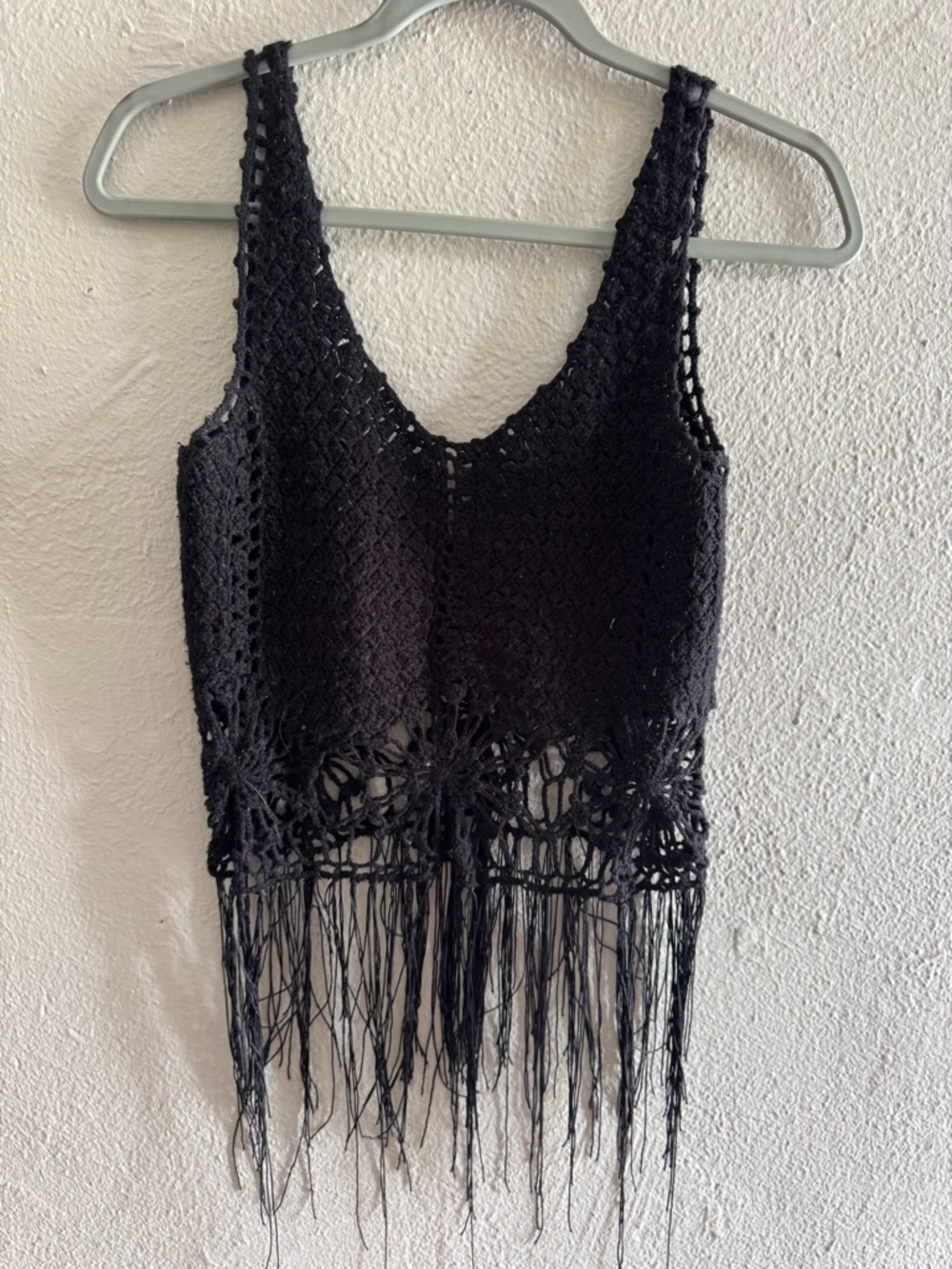 Poof! Black Crochet Fringe Tank